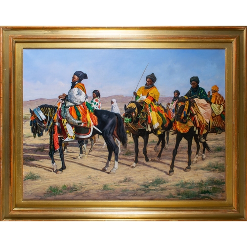 404 - John Berry (English, 1920-2010)North Africa, Tribesmen on HorsebackOil on canvasSigned 'Berry' lower... 