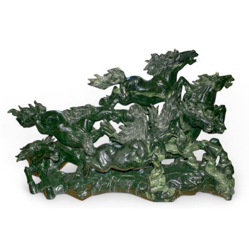 606 - A huge nephrite sculpture of eight horses on a wood standBought at Asprey and with a signed Asprey v... 