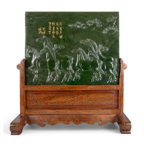 606 - A huge nephrite sculpture of eight horses on a wood standBought at Asprey and with a signed Asprey v... 