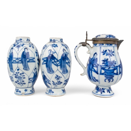 705 - Chinese, Kangxi (1622-1722)A pair of blue and white tea canisters without lids. One as found.Togethe... 