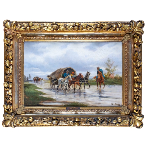 442 - Alfred Steinacker (Hungarian, 1838-1914)A pair of paintings, with figures in wagon and figures on ho... 