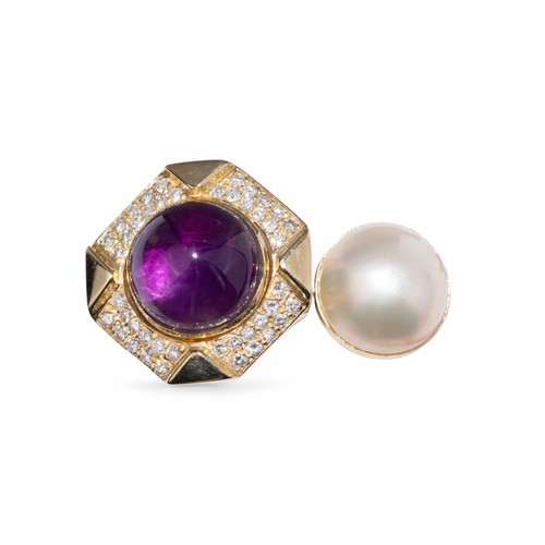 68 - Circa 1990sA diamond amethyst mabe pearl and yellow gold dress ring. The central cabochon amethyst r... 