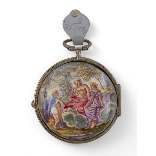 123 - British 18th centuryA Staffordshire enamel watch with erotic scene on inside lid (as found) Together... 