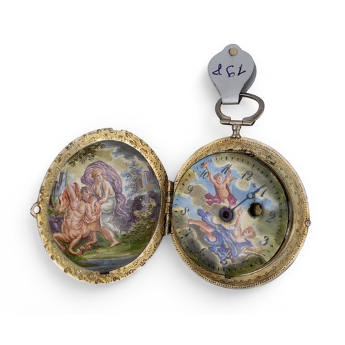 123 - British 18th centuryA Staffordshire enamel watch with erotic scene on inside lid (as found) Together... 