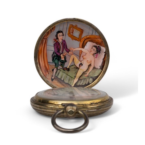 123 - British 18th centuryA Staffordshire enamel watch with erotic scene on inside lid (as found) Together... 