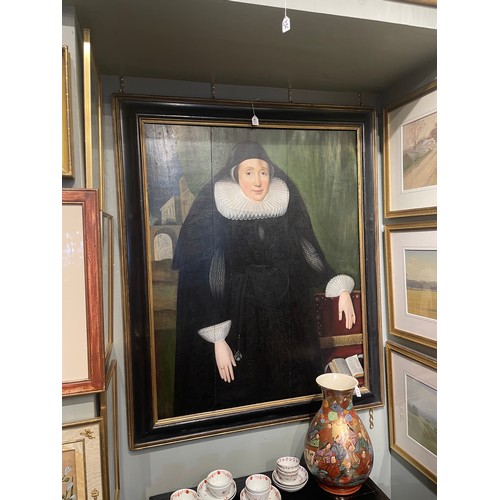 374 - North Italian16th centuryPortrait of lady in mourning, with extravagant ruff and burgundy brass boun... 