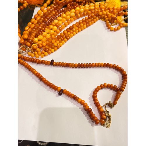 104 - A group of fourteen butterscotch amber and amber prayer bead necklaces. Some with gold and gilt meta... 