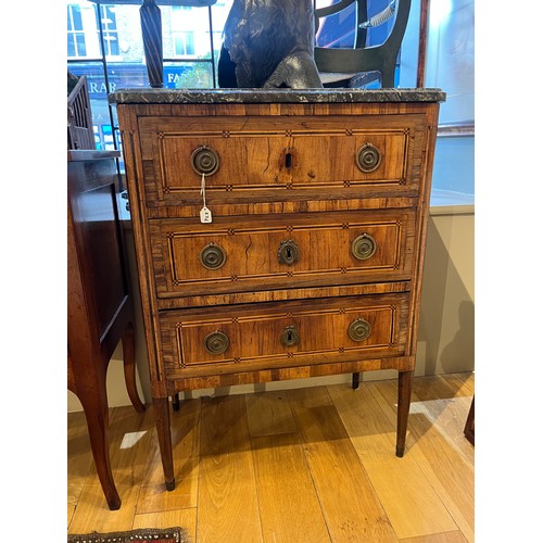 226 - French18th centuryA parquetry inlaid petite chest of drawers, with marble top above three drawers wi... 