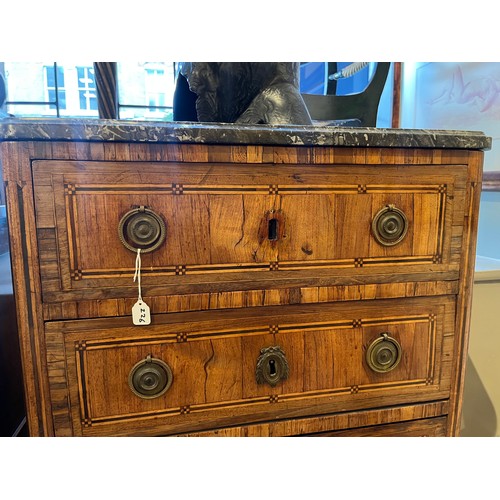 226 - French18th centuryA parquetry inlaid petite chest of drawers, with marble top above three drawers wi... 