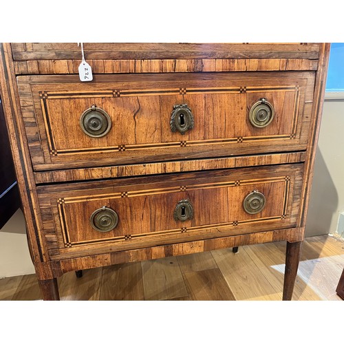 226 - French18th centuryA parquetry inlaid petite chest of drawers, with marble top above three drawers wi... 