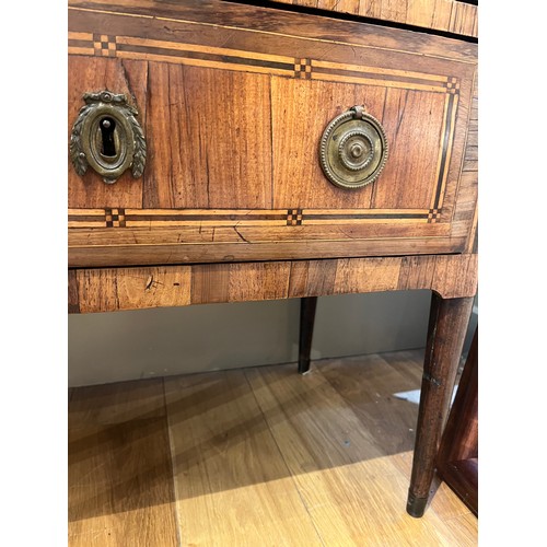 226 - French18th centuryA parquetry inlaid petite chest of drawers, with marble top above three drawers wi... 