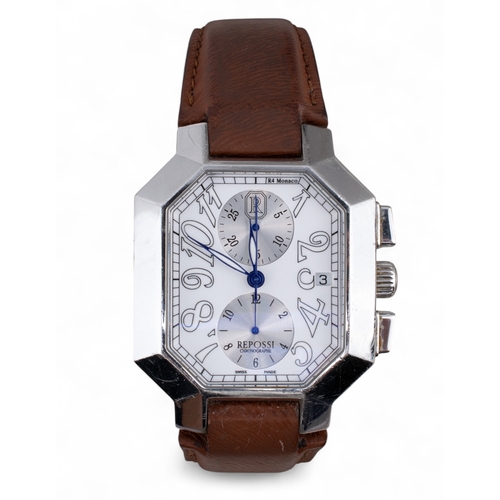 75 - RepossiA Chronograph automatic watch, stainless steel with leather strap.Limited edition (1/500), No... 