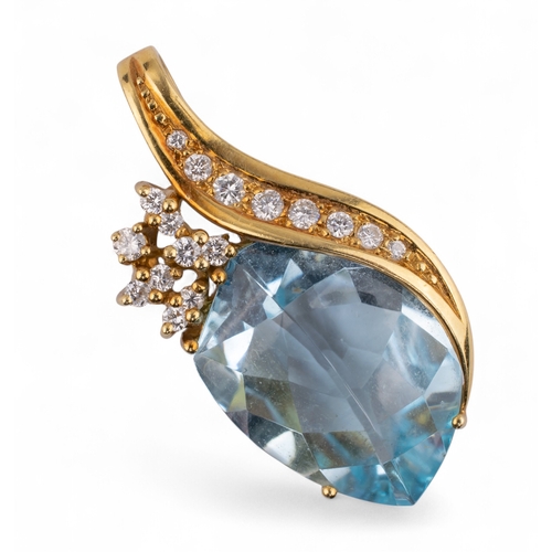 89 - Circa 1990sAn aquamarine and diamond pendant. The leaf-shaped briolette-cut aquamarine within a bril... 