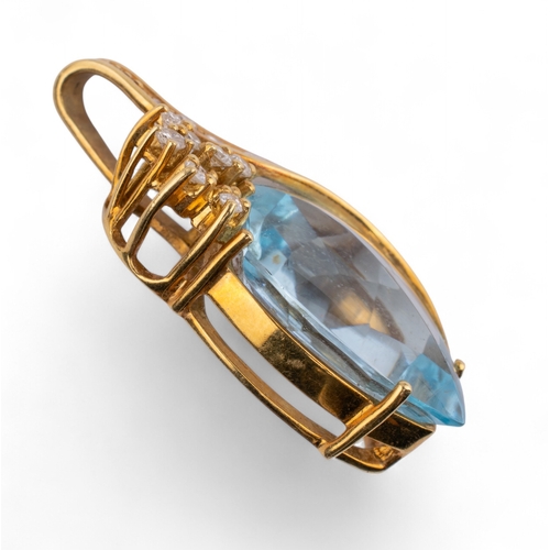 89 - Circa 1990sAn aquamarine and diamond pendant. The leaf-shaped briolette-cut aquamarine within a bril... 