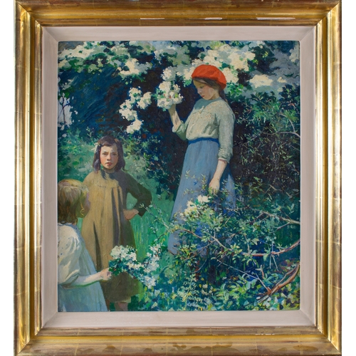 418 - Harold Harvey (British, 1874–1941)Three children in a garden, with cattle verso1916Oil on canvasSign...