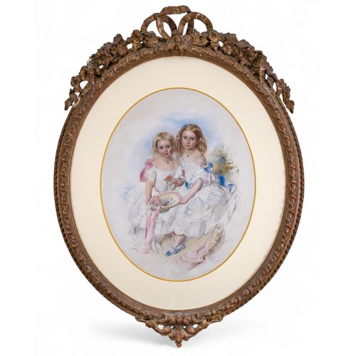 789 - British, VictorianA portrait of two sistersOil on boardSigned and dated 'FC (?) 1859 (?)' lower righ... 