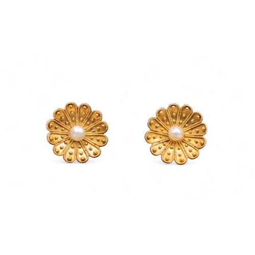 13 - A pair of antique yellow gold pearl and gold wirework flowerhead earringsTotal weight: Approx. 2.57 ... 