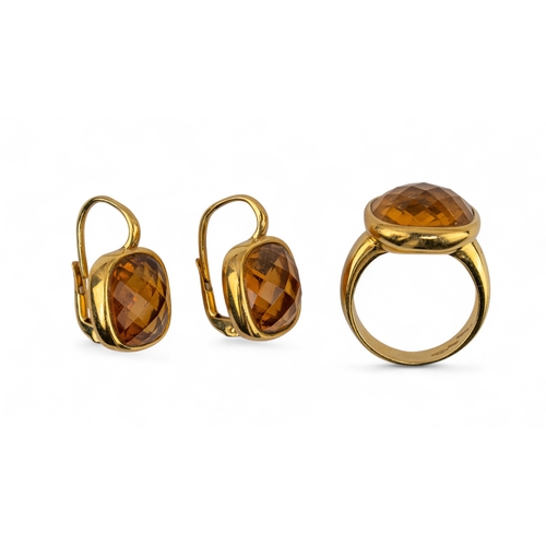 2 - A pair of 18k gold and faceted Madeira citrine earrings and ring, circa 1990.The cushion-shaped rose... 