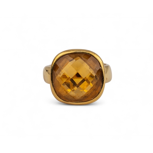 2 - A pair of 18k gold and faceted Madeira citrine earrings and ring, circa 1990.The cushion-shaped rose... 