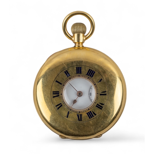 3 - Circa 1900A half-hunter yellow gold pocket watch. The white enamelled dial with black enamel Roman n... 