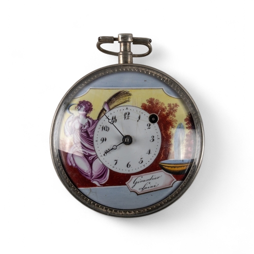 58 - Girardier L'Aine, GenevaA silver pocket watch. The dial polychrome hand-painted with an autumnal fig... 