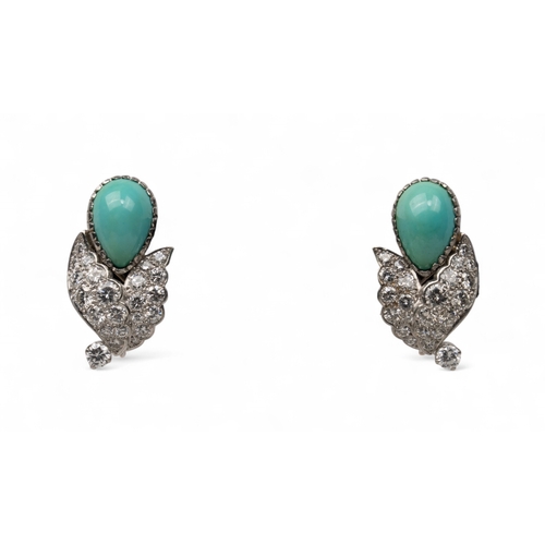 85 - Circa 1950sAn attractive pair of diamond and turquoise ear clips. Each earring composed of two pave-... 