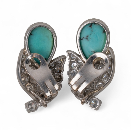 85 - Circa 1950sAn attractive pair of diamond and turquoise ear clips. Each earring composed of two pave-... 