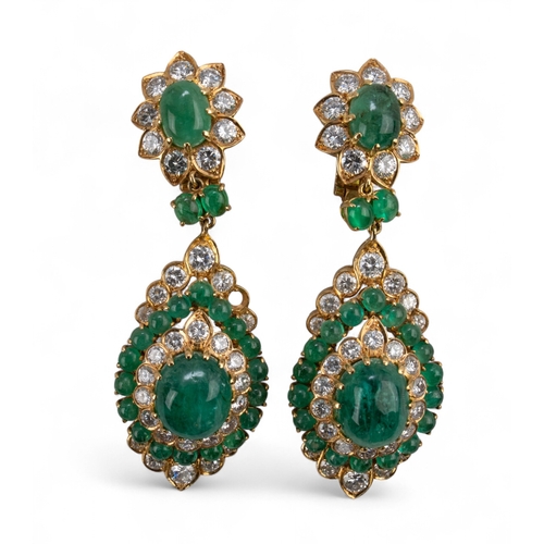 87 - An impressive pair of cabochon emerald diamond pendant earrings, Vourakis, circa 1960sThe Indian-ins... 