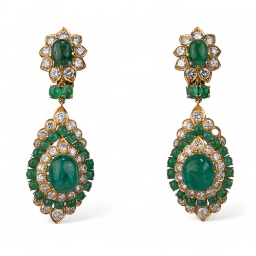 87 - An impressive pair of cabochon emerald diamond pendant earrings, Vourakis, circa 1960sThe Indian-ins... 