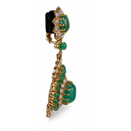 87 - An impressive pair of cabochon emerald diamond pendant earrings, Vourakis, circa 1960sThe Indian-ins... 