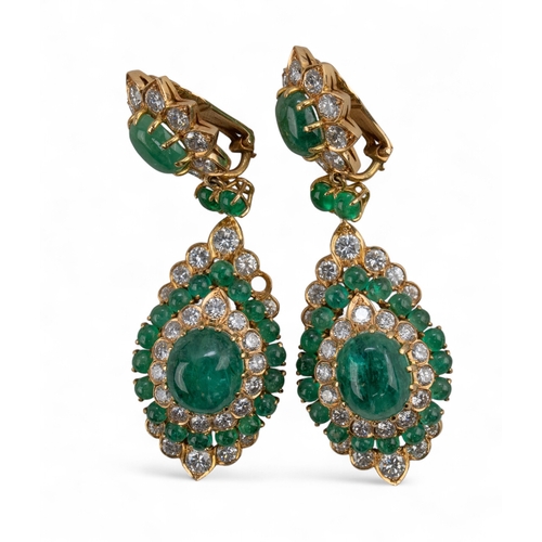 87 - An impressive pair of cabochon emerald diamond pendant earrings, Vourakis, circa 1960sThe Indian-ins... 