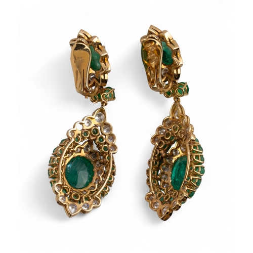 87 - An impressive pair of cabochon emerald diamond pendant earrings, Vourakis, circa 1960sThe Indian-ins... 