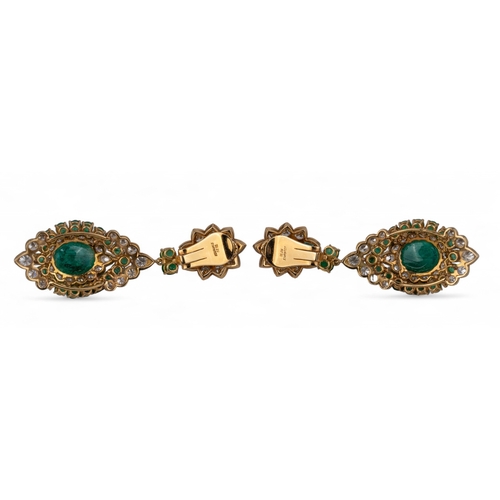 87 - An impressive pair of cabochon emerald diamond pendant earrings, Vourakis, circa 1960sThe Indian-ins... 