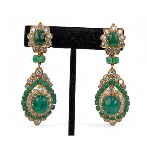 87 - An impressive pair of cabochon emerald diamond pendant earrings, Vourakis, circa 1960sThe Indian-ins... 