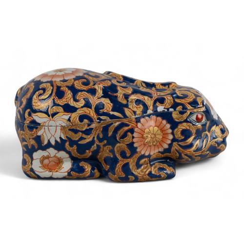 Chinese ceramic box in the shape of a rabbitDecorated with painted blue ...