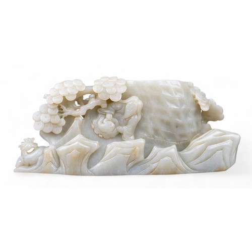419 - Chinese, 18th century (?)A jade brush pot, the exterior carved with a male figure, trees, deer and a... 