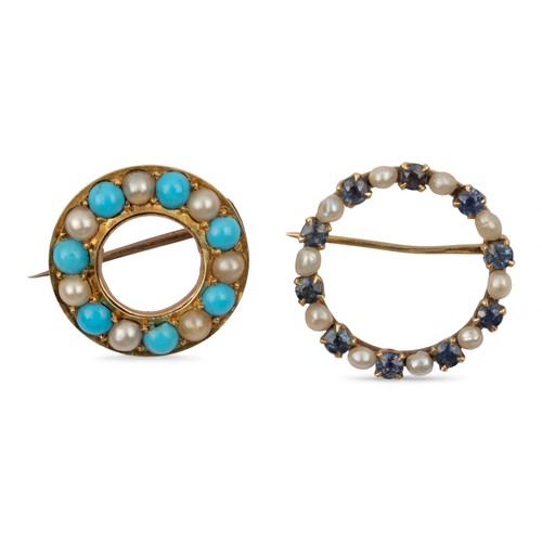 11 - AntiqueTwo brooches[a] Gold pearl and sapphires[b] Split pearls and turquoise&nbsp;Weight: Approx. 6... 