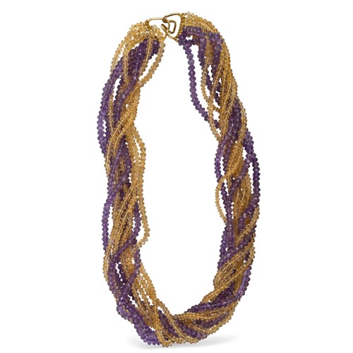 15 - A ten-row amethyst and citrine torsade necklaceSet to a silver gilt claspTotal length: Approx. 61 cm... 