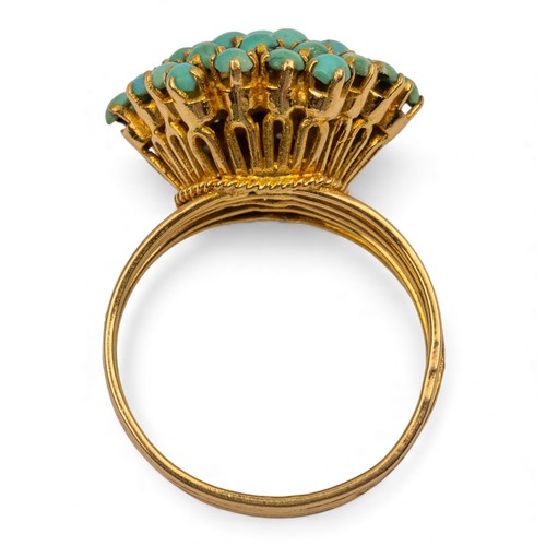 23 - Circa 1960A turquoise and yellow gold wirework cluster ringWeight: Approx. 8.22 gramsRing size: Q... 