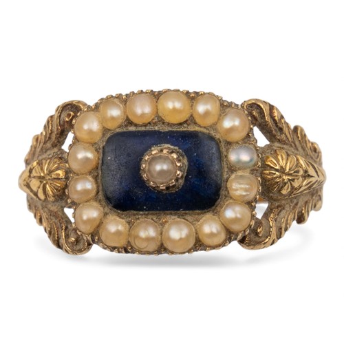 28 - William IVA small memorial ringSet with deep blue enamel and split pearls, with a chased shank, and ... 