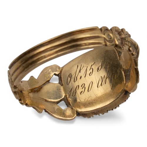 28 - William IVA small memorial ringSet with deep blue enamel and split pearls, with a chased shank, and ... 