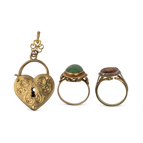 32 - A mixed lot of jewelleryTo include:[a] A 9 ct gold heart-shaped locket[b] A jade and 14 ct gold ring... 