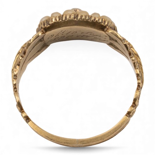 28 - William IVA small memorial ringSet with deep blue enamel and split pearls, with a chased shank, and ... 