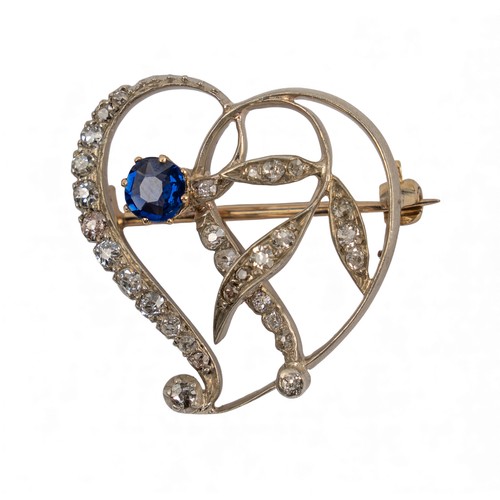 37 - An Edwardian diamond and sapphire witch&rsquo;s heart broochMounted in silver and yellow goldDimensi... 