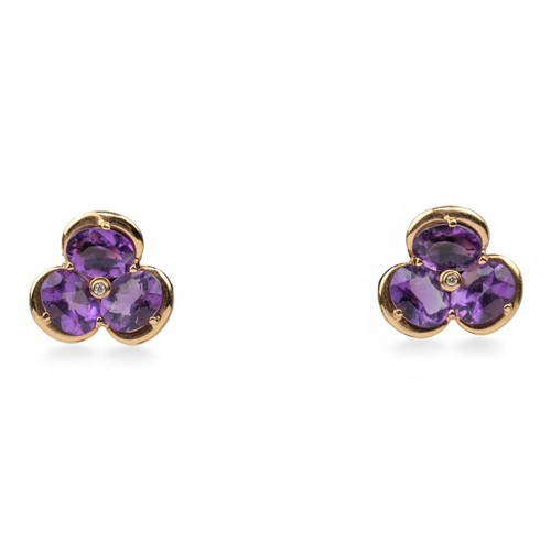 43 - Circa 1980sA pair of yellow gold, amethyst and diamond trefoil cluster earringsWeight: Approx. 9.24 ... 