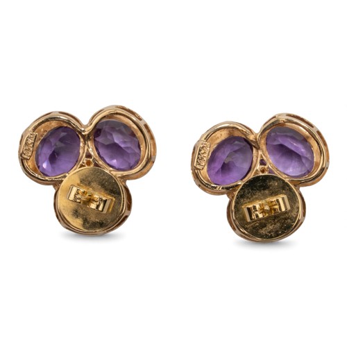 43 - Circa 1980sA pair of yellow gold, amethyst and diamond trefoil cluster earringsWeight: Approx. 9.24 ... 