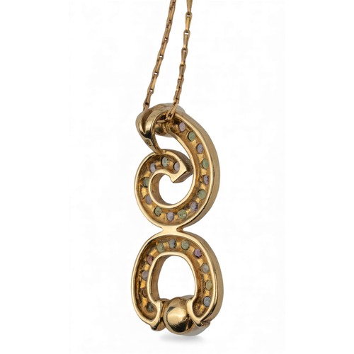 50 - Gold, gem-set and cultured pearl pendant of swirl design. Set throughout with multicoloured gems and... 