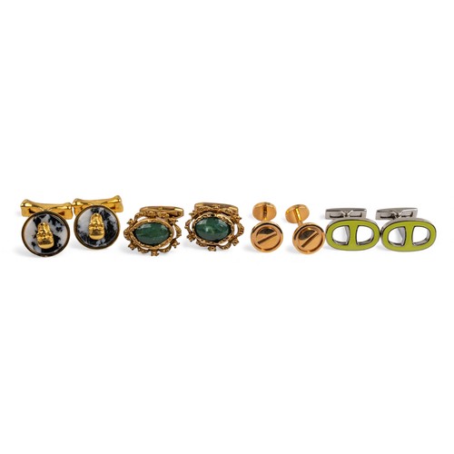 56 - Four pairs of cufflinksTo include:[a] Hermès, Paris, Silvered and yellow enamel anchor cufflinks. Si... 