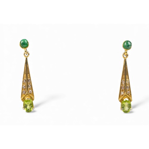 18 - A pair of cabochon emerald, rose-cut diamond, and peridot pendant earringsMounted in yellow metalTot... 