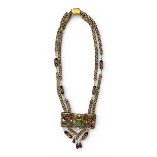 11 - Austro-Hungarian, AntiqueA gem-set necklace. The front set with split pearls and amethysts, green st... 